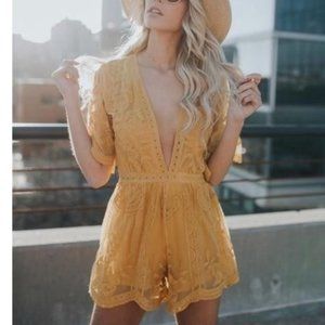 Boho Embroidered Lace Romper | Mustard